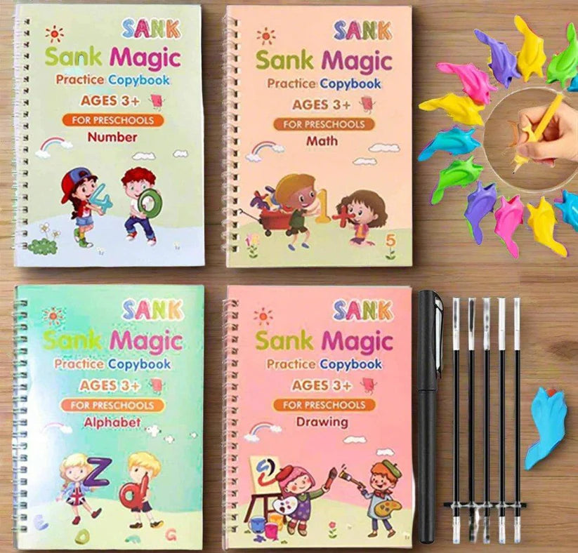 Sank Magic Practice Copybook 4 Books + Magic Pen & 10 Ink Refills Preschool Baby Learning Books for Kids