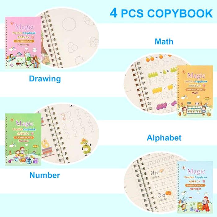 Sank Magic Practice Copybook 4 Books + Magic Pen & 10 Ink Refills Preschool Baby Learning Books for Kids