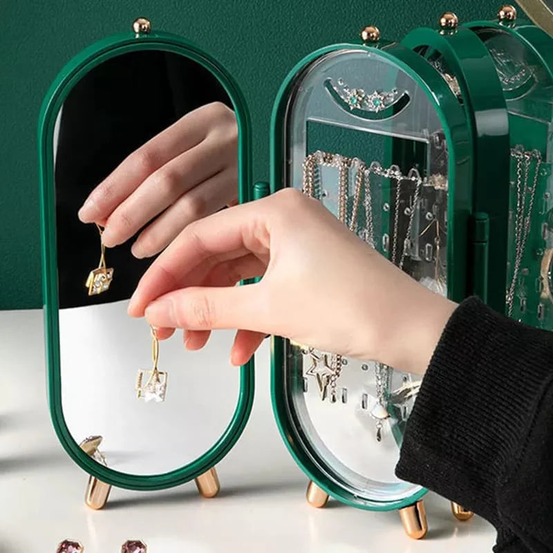 Foldable Jewellery Organizer with Mirror Ear Rings & Necklace_Hanging Holder Jewelry Box Vanity Hanger Stand