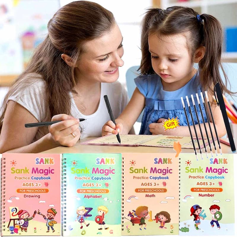 Sank Magic Practice Copybook 4 Books + Magic Pen & 10 Ink Refills Preschool Baby Learning Books for Kids